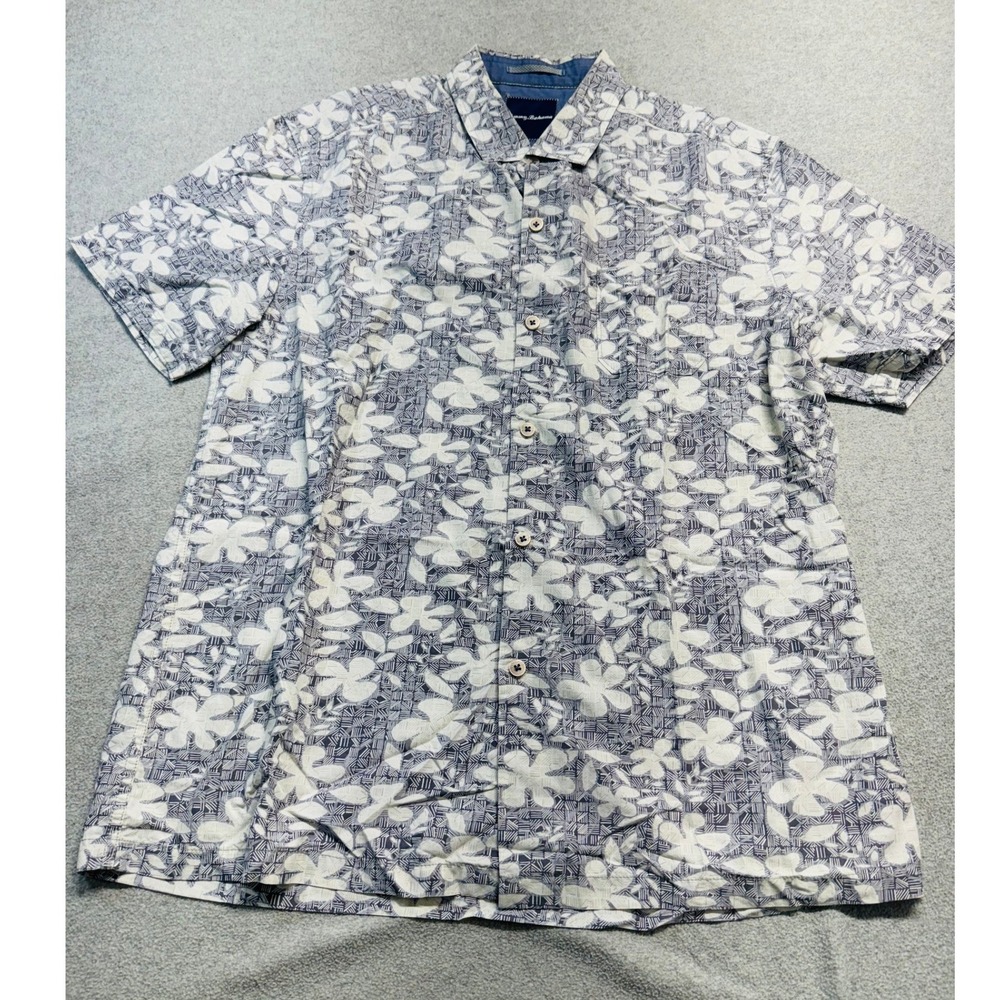 Tommy Bahama Mens L Silk Cotton Hawaiian Camp Shirt Blue White Floral Tropical